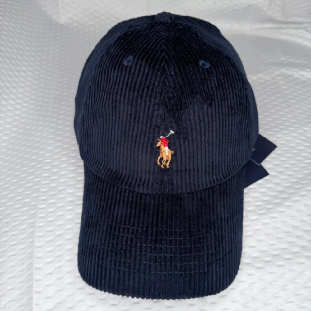 AUTHENTIC POLO RALPH LAUREN CORDUROY CAP NAVY BLUE UNISEX ONE SIZE M/L VINTAGE - Picture 3 of 5